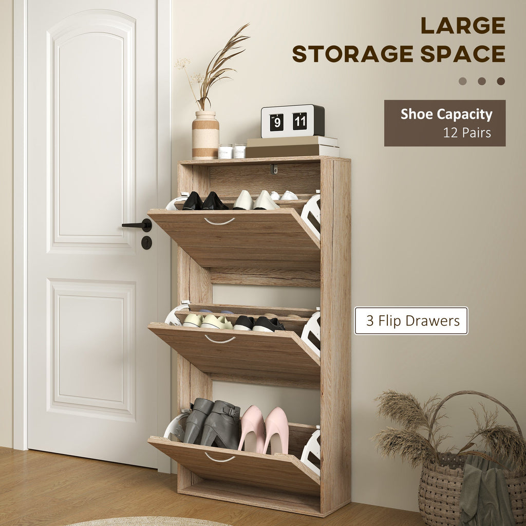 Slim Shoe Storage Cabinet with 3 Flip Drawers for 12 Pair of Shoes with Compact Detail