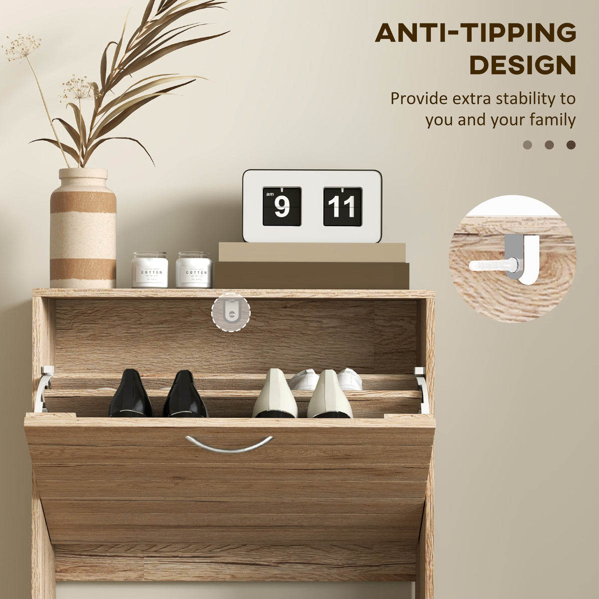 Slim Shoe Storage Cabinet with 3 Flip Drawers for 12 Pair of Shoes with Compact Detail