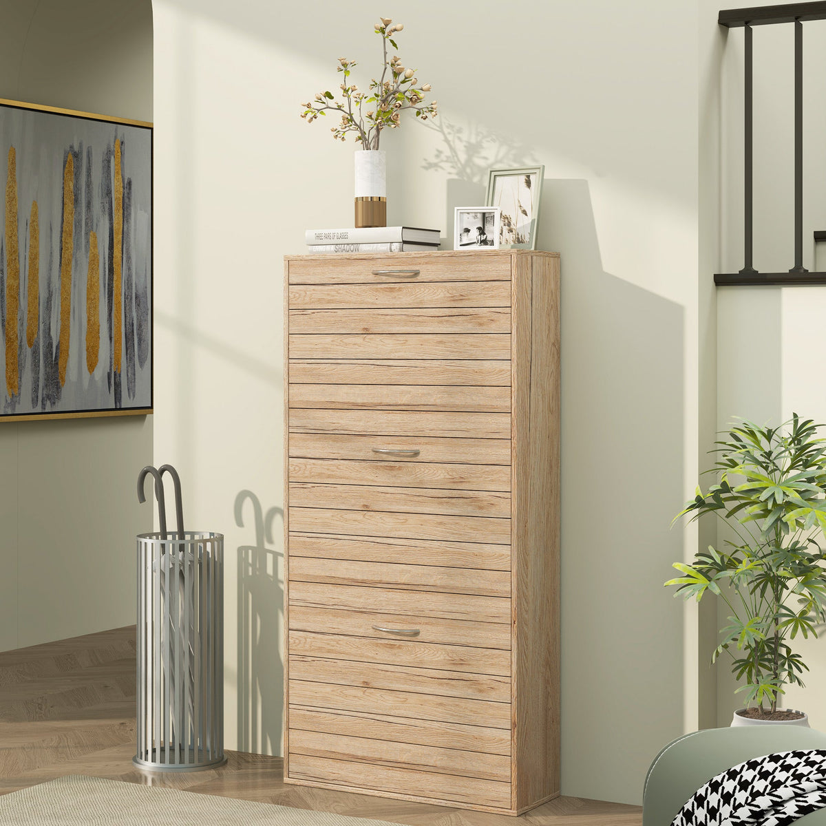 Slim Shoe Storage Cabinet with 3 Flip Drawers for 12 Pair of Shoes with Compact Detail