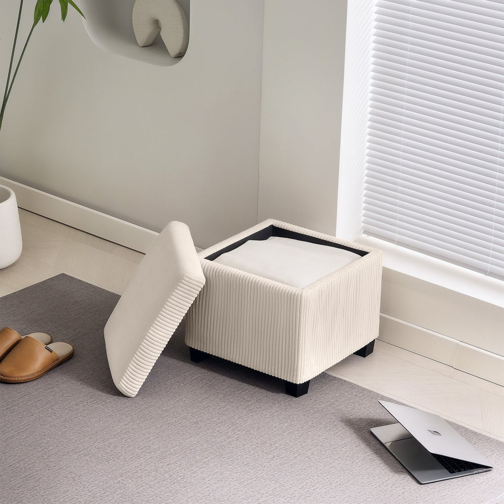 Storage Ottoman Bench, Corduroy Footstool with Removable Lid and Legs, Beige