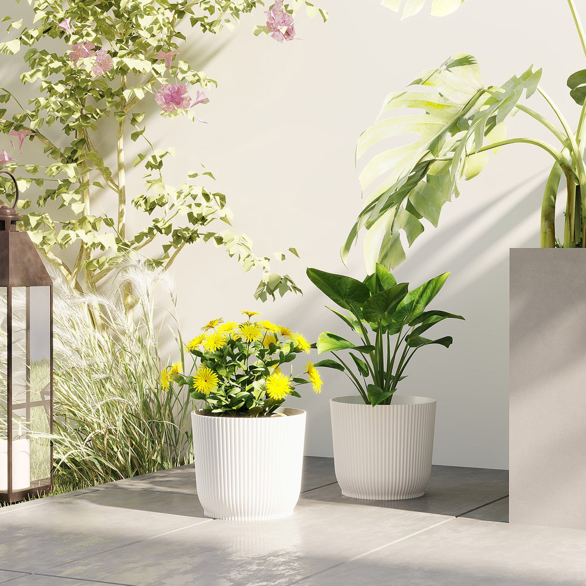 Set of 2 Round Plant Pots Outdoor 22cm for Garden, White