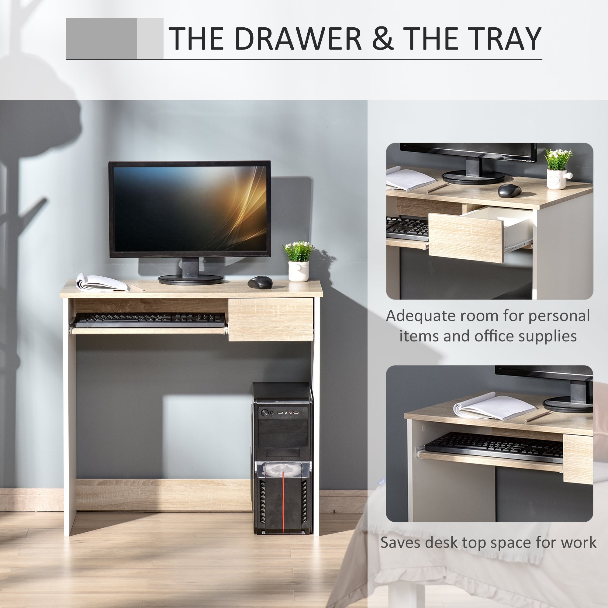 Compact Computer Desk with Keyboard Tray, Home Office Desk with Drawer for Bedroom Study, Oak Colour