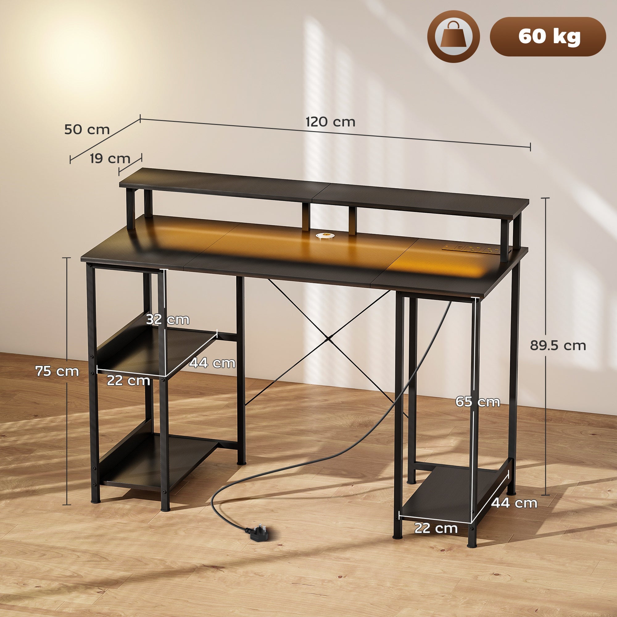 LED Computer Desk, with Power Outlets and Shelves - Carbon Fibre Grey