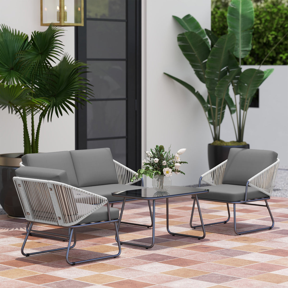 4 Piece Rattan Garden Furniture Set with Cushions, Grey