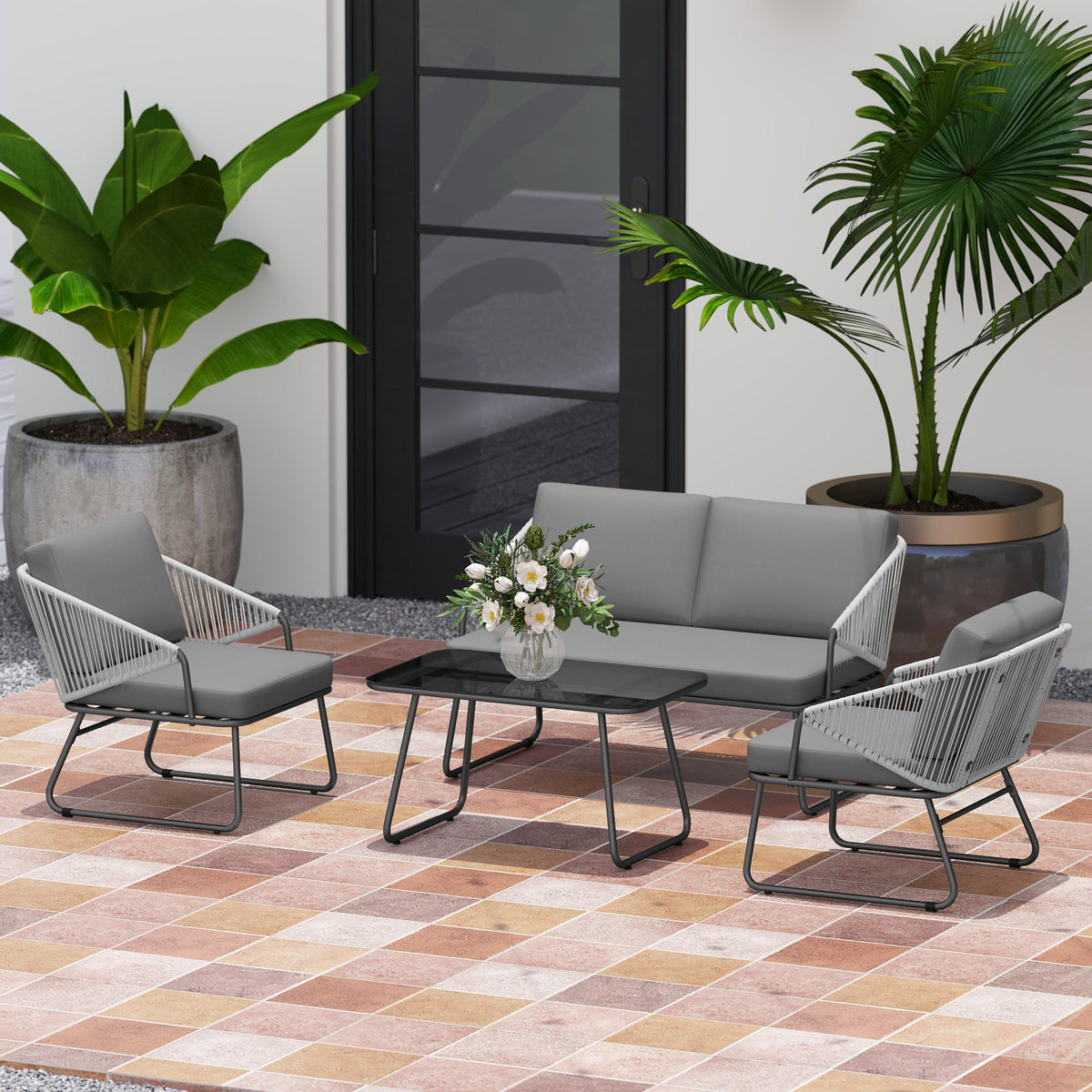 4 Piece Rattan Garden Furniture Set with Cushions, Grey