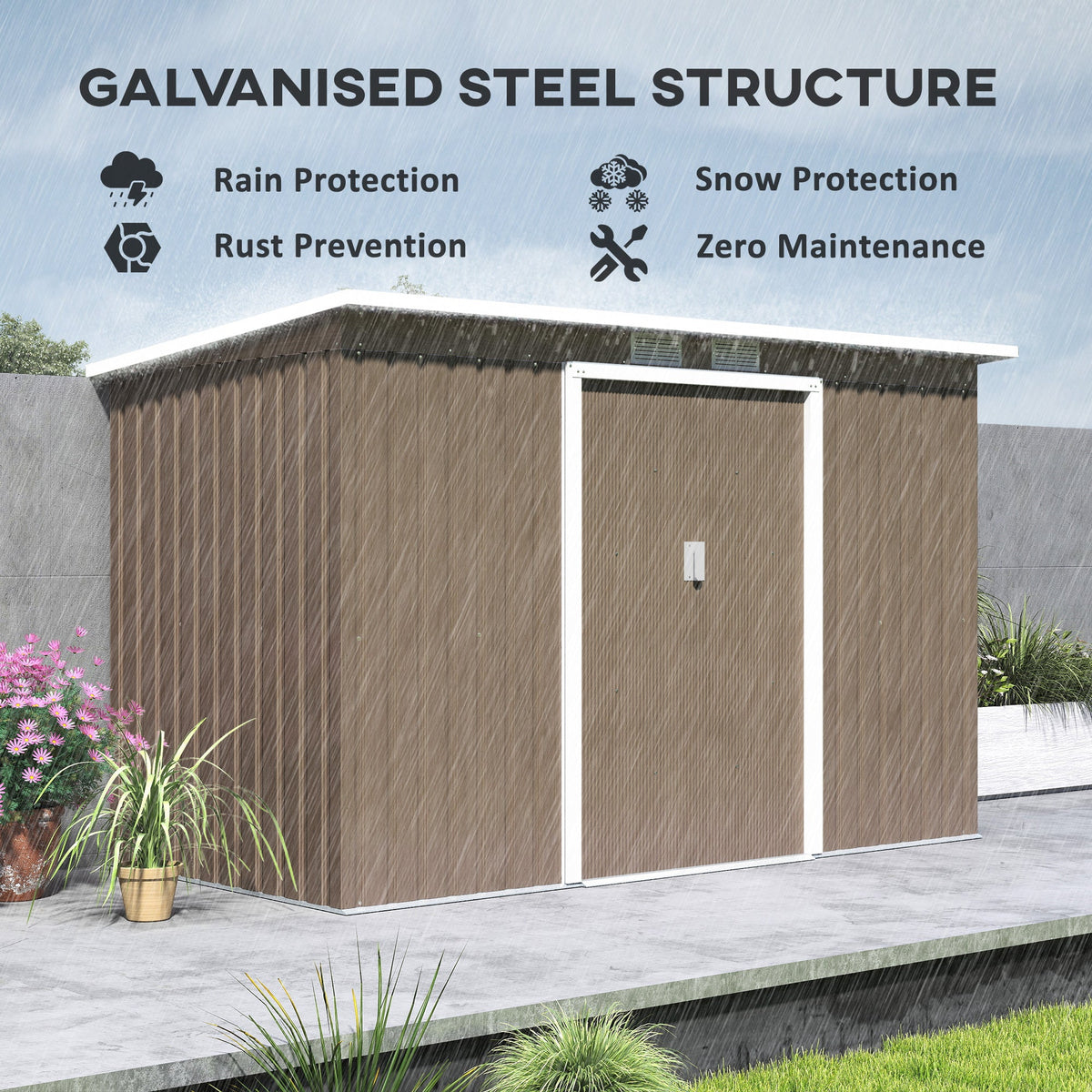 9 x 4FT Metal Garden Storage Shed w/ 2 Door, Light Grey Wood Grain