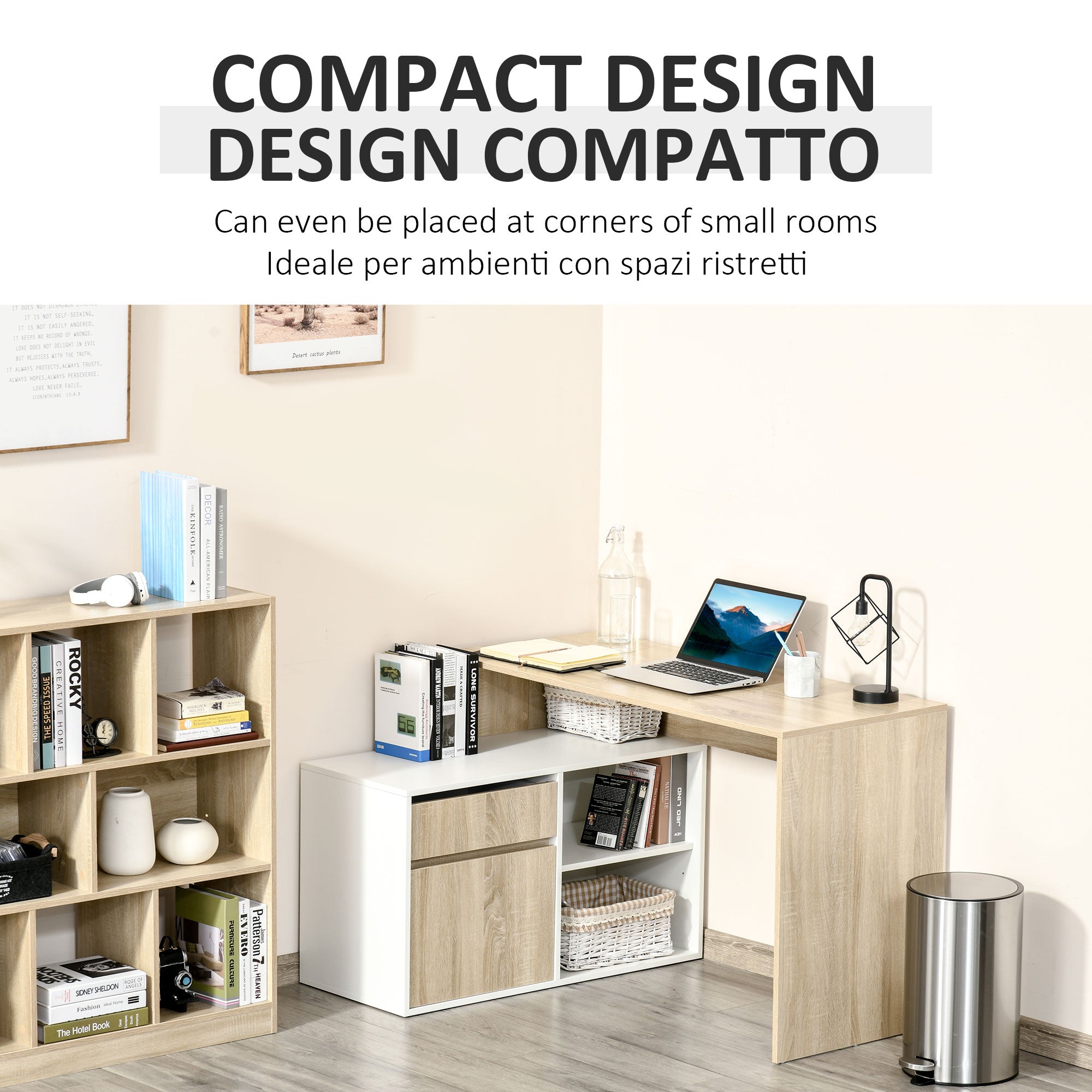 L-Shaped Desk, Corner Computer Desk with Storage Drawer, Adjustable Shelf, Cabinet for Home Office and Study, 120 x 92 x 75cm, Oak and White