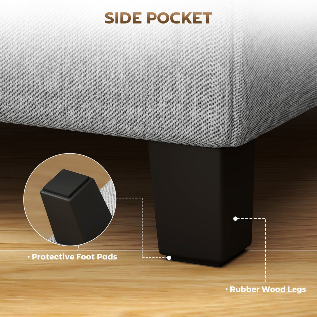 Square Footstool, Small Ottoman with Side Pocket, Linen Fabric Footrest with Rubber Wood Legs and Padded Seat, Light Grey