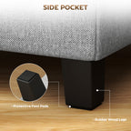 Square Footstool, Small Ottoman with Side Pocket, Linen Fabric Footrest with Rubber Wood Legs and Padded Seat, Light Grey
