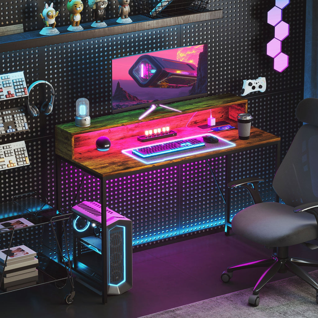 120cm Computer Desk with LED Lights and Power Outlets, Gaming Desk with Monitor Stand, Rustic Brown