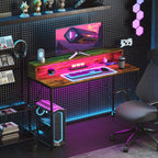 120cm Computer Desk with LED Lights and Power Outlets, Gaming Desk with Monitor Stand, Rustic Brown