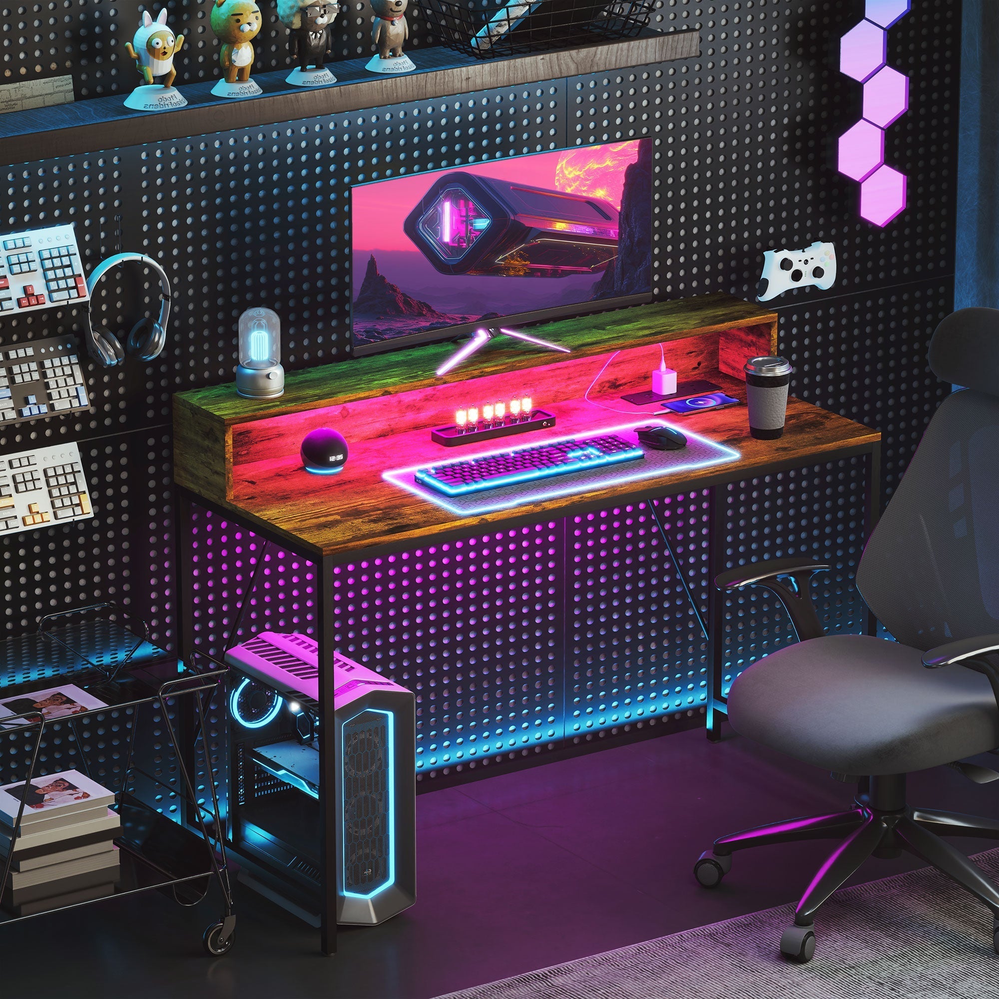 120cm Computer Desk with LED Lights and Power Outlets, Gaming Desk with Monitor Stand, Rustic Brown