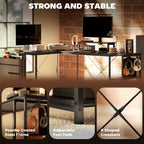 168cm Reversible L Shaped Desk, Industrial Corner Computer Desk with Adjustable Shelf and Storage Bag, 240cm 2 Person Desk with Monitor Stand, Black