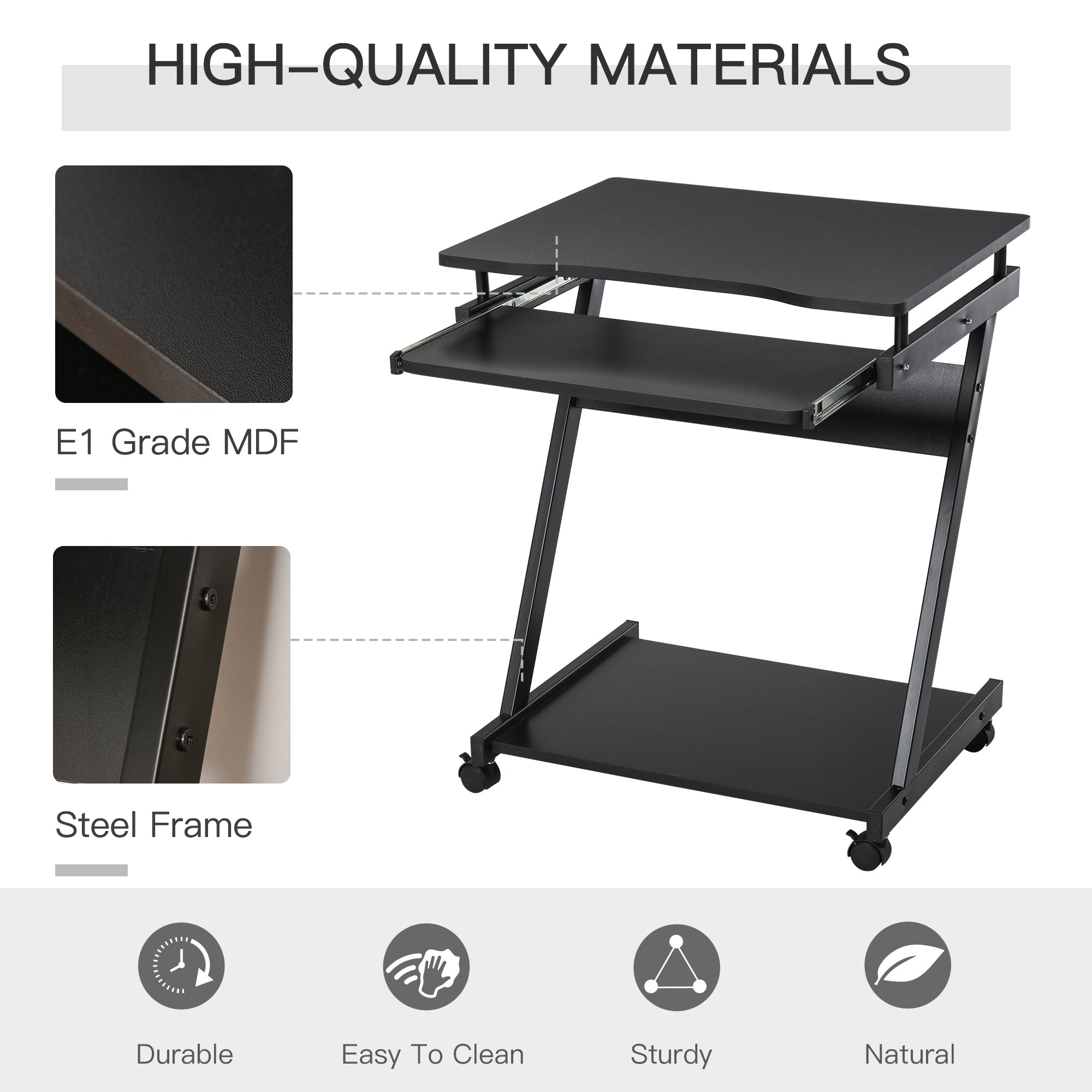 Movable Computer Desk with 4 Moving Wheels, Sliding Keyboard Tray, Home Office Workstation, Black