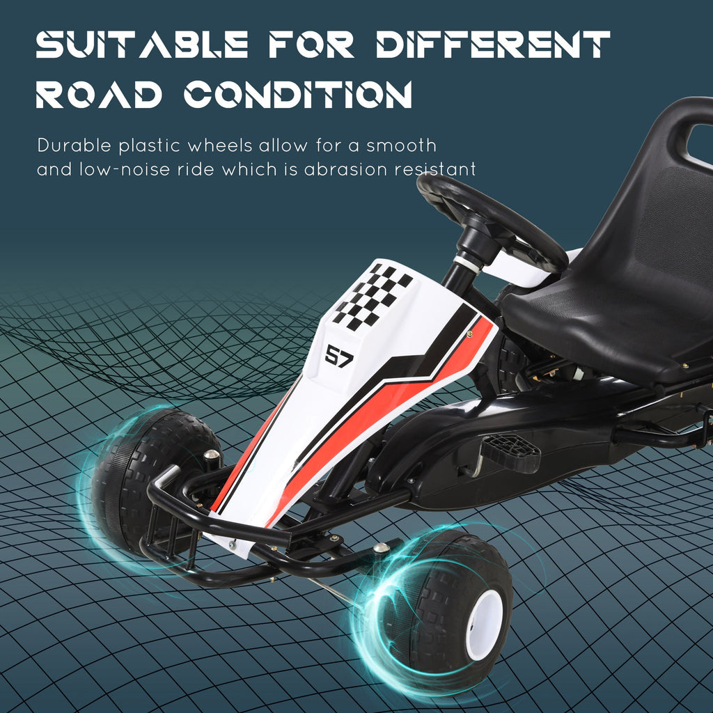 Kids Children Pedal Go Kart Manual Ride On Car w/Brake Gears Steering Wheel Adjustable Seat 4 Smooth Wheels Racing-Style White 104 x 66 x 57 cm