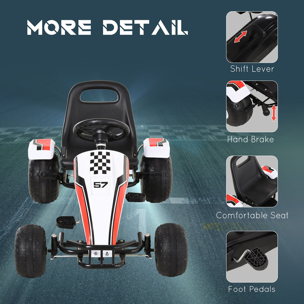 Kids Children Pedal Go Kart Manual Ride On Car w/Brake Gears Steering Wheel Adjustable Seat 4 Smooth Wheels Racing-Style White 104 x 66 x 57 cm