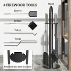 5 Piece Fireplace Tools Set, Metal Fireplace Accessories with Broom, Shovel, Poker, Tongs & Stand, Silver