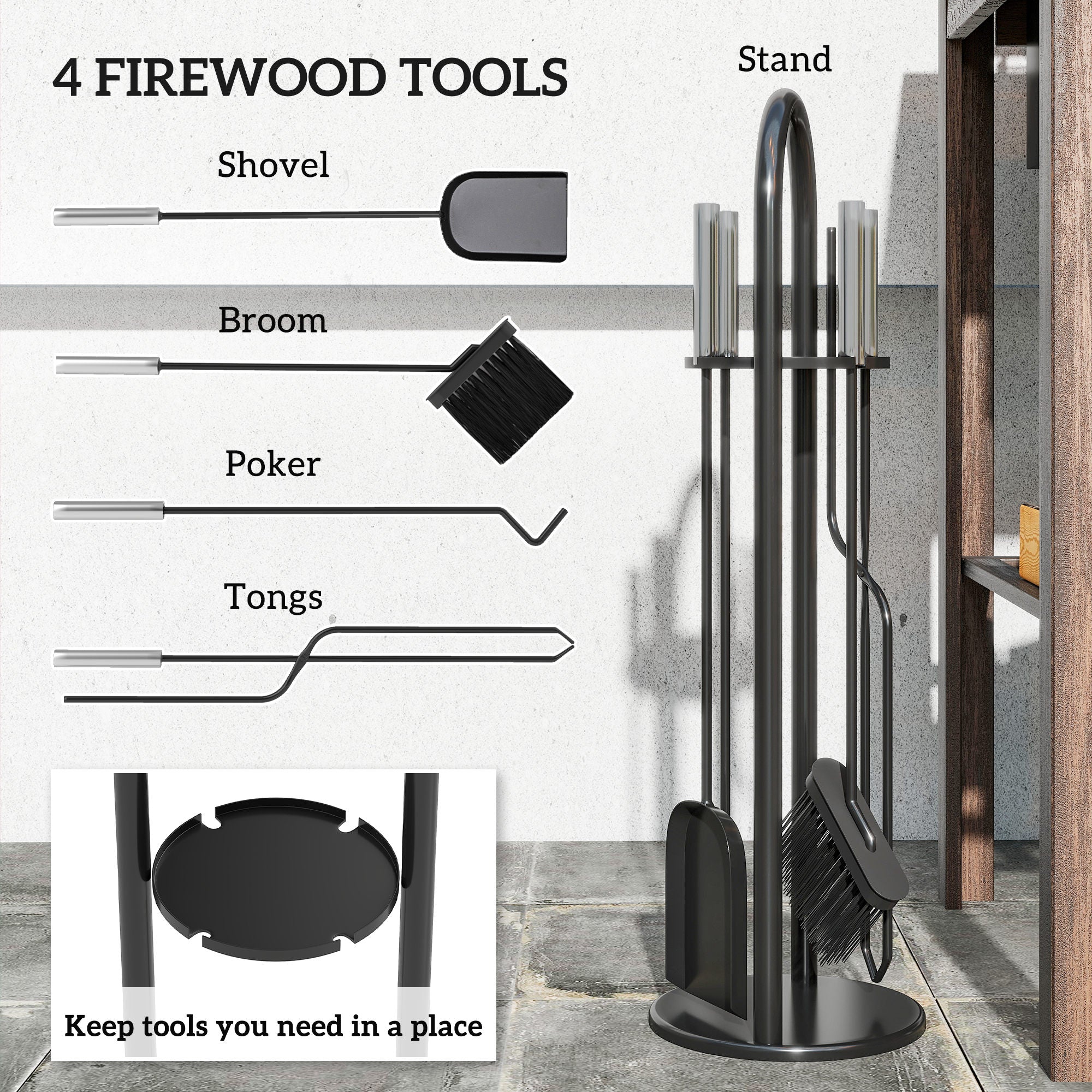 5 Piece Fireplace Tools Set, Metal Fireplace Accessories with Broom, Shovel, Poker, Tongs & Stand, Silver