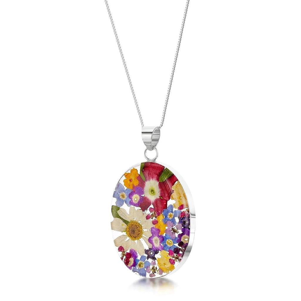 Mixed Flower Large Oval Pendant Necklace Sterling Silver