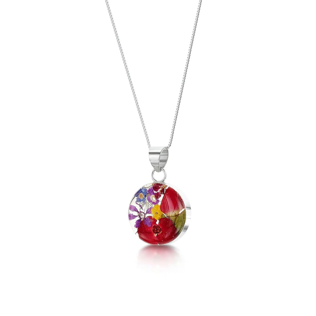 Mixed Flower Round Pendant Necklace - Medium Sterling Silver