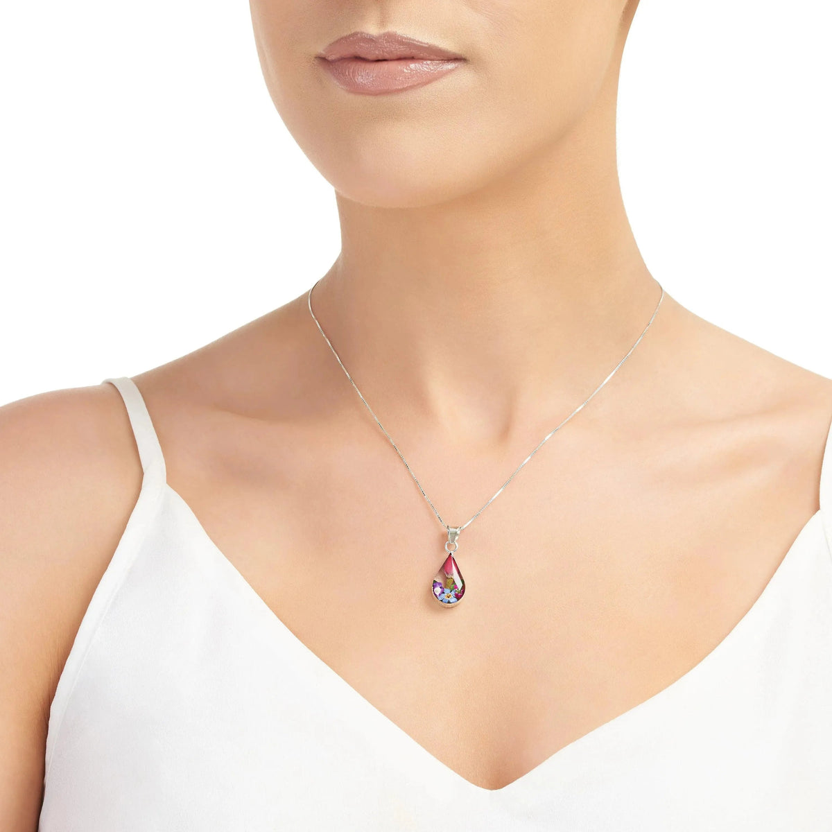 Mixed Flower Teardrop Pendant Necklace - Style 1