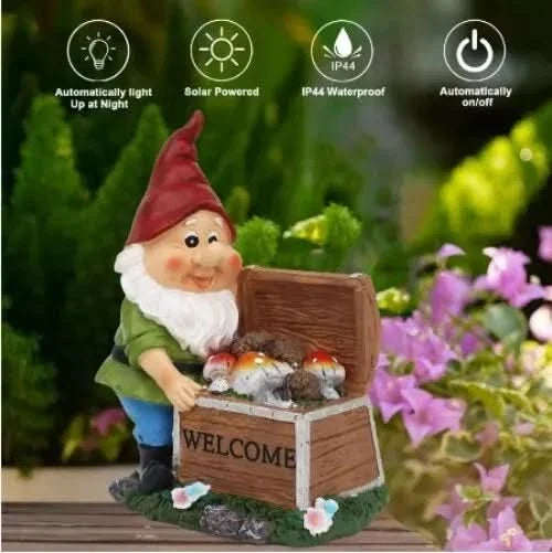 Solar Gnome Garden Ornament LED Welcome Chest Outdoor Light 21cm