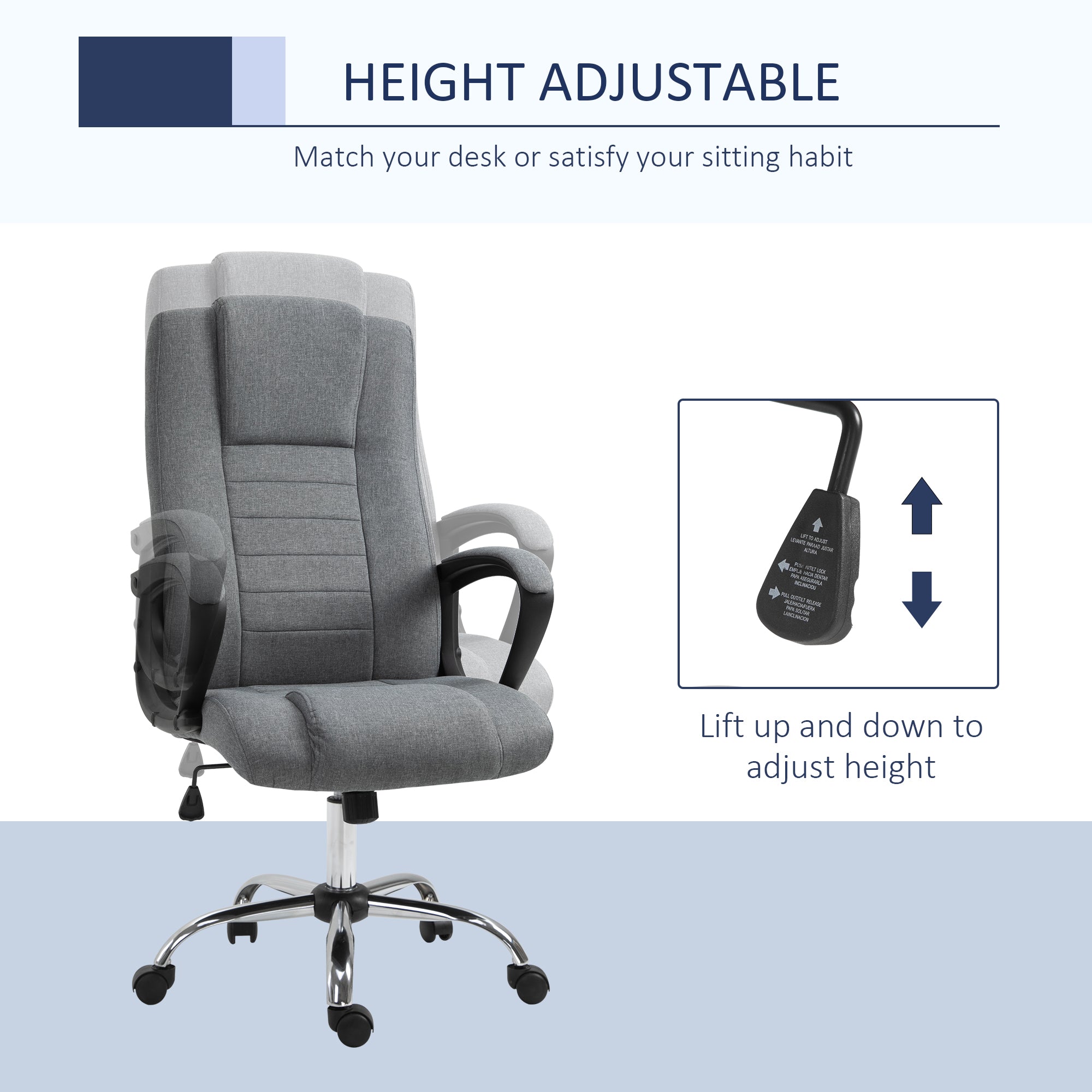 Office Chair, Computer Desk Chair, Linen Fabric Swivel Chair with Adjustable Height, Rolling Wheels for Home and Study, Grey