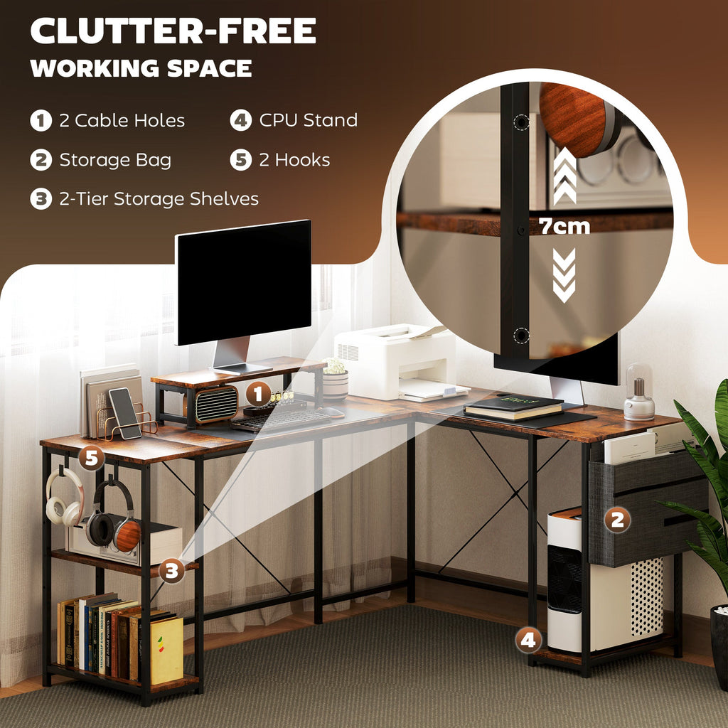168cm Reversible L Shaped Desk, Industrial Corner Computer Desk with Adjustable Shelf and Storage Bag, 240cm 2 Person Desk with Monitor Stand, Rustic Brown