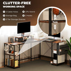 168cm Reversible L Shaped Desk, Industrial Corner Computer Desk with Adjustable Shelf and Storage Bag, 240cm 2 Person Desk with Monitor Stand, Rustic Brown