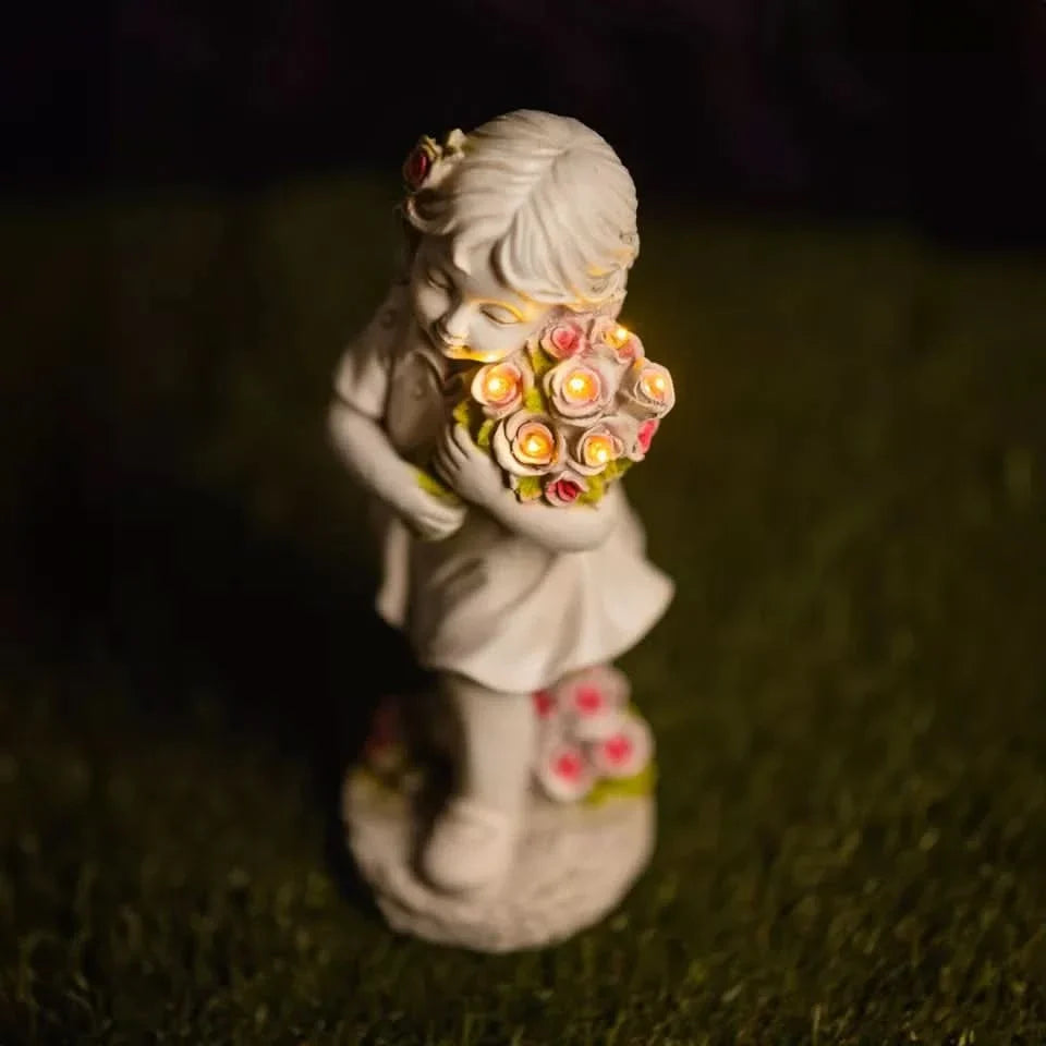 Solar Fairy Ornament Light Garden Decoration Stone Effect Girl Flowers Lighting