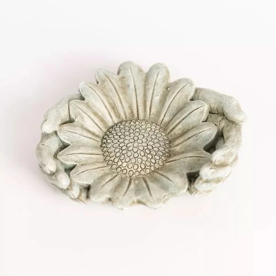 Stone Effect Sunflower Ornament Garden Bird Water Feeder Bath Decor Hands