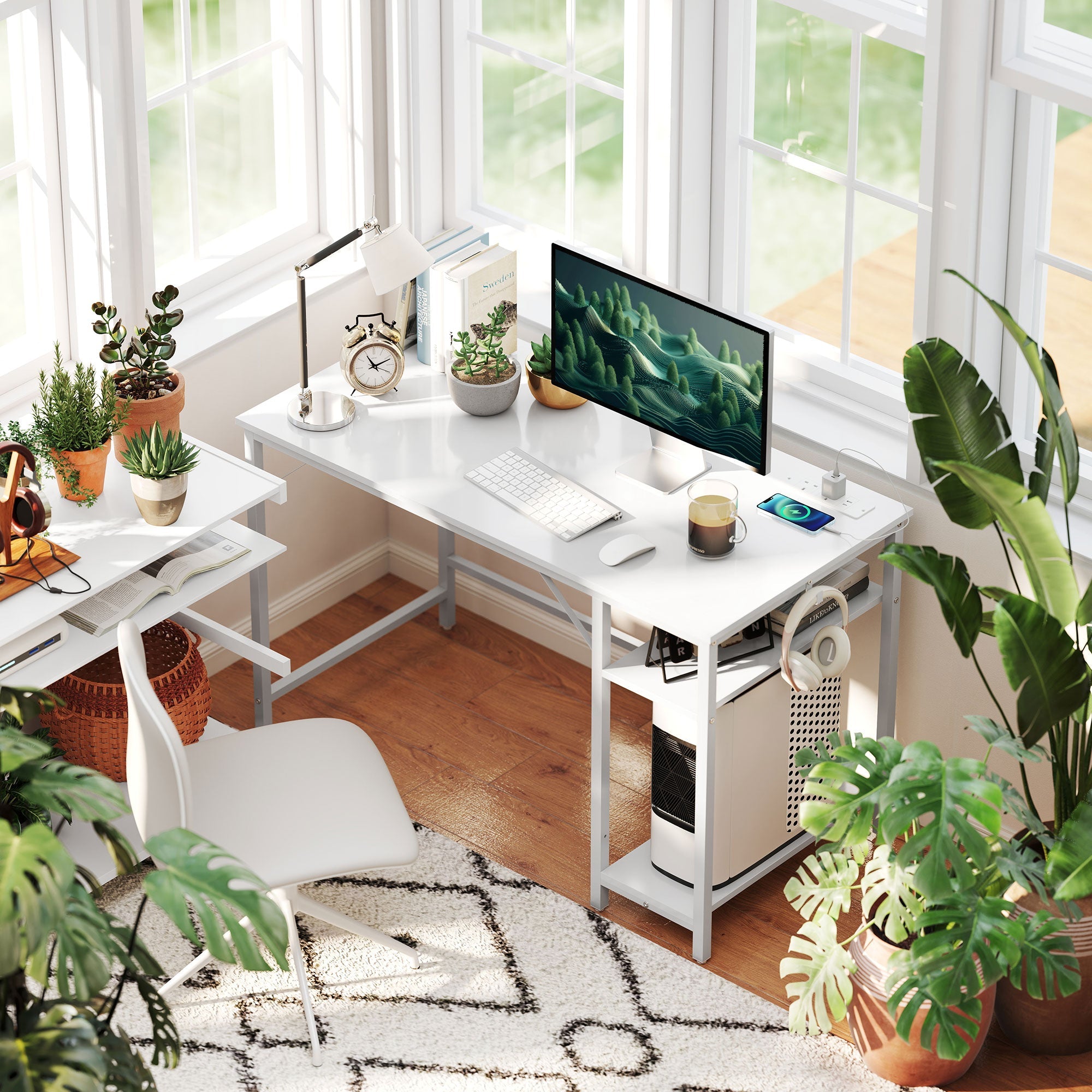 120 x 60 cm Computer Desk with Power Outlets and Reversible Shelves - White White