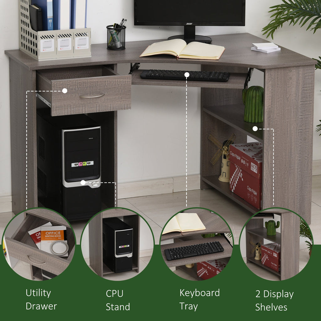 L-Shaped Corner Computer Desk with 2 Shelves, Wide Worktop, Keyboard Tray, Drawer and CPU Stand, Home Office Study Bedroom Furniture, Grey