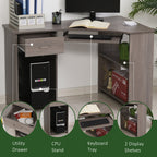 L-Shaped Corner Computer Desk with 2 Shelves, Wide Worktop, Keyboard Tray, Drawer and CPU Stand, Home Office Study Bedroom Furniture, Grey