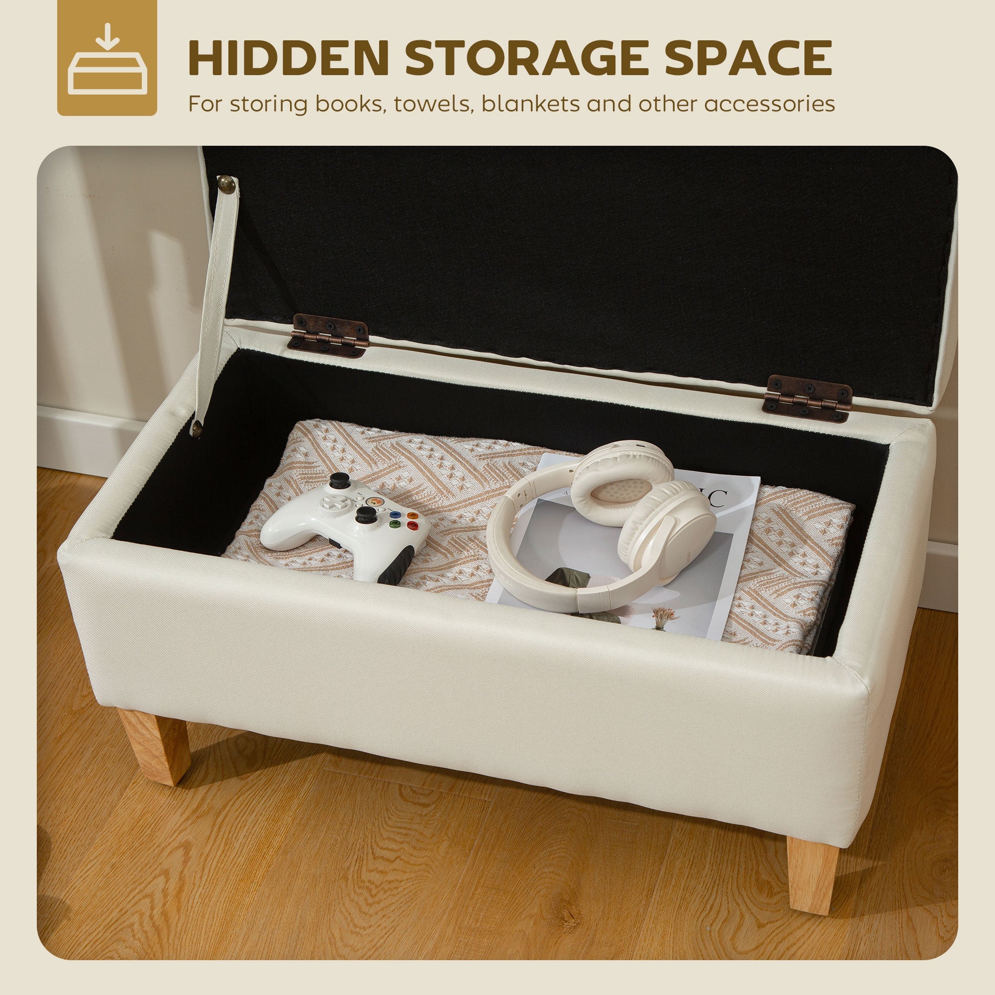 30L Linen Storage Ottoman Padded Footstool with Rubberwood Legs, Beige
