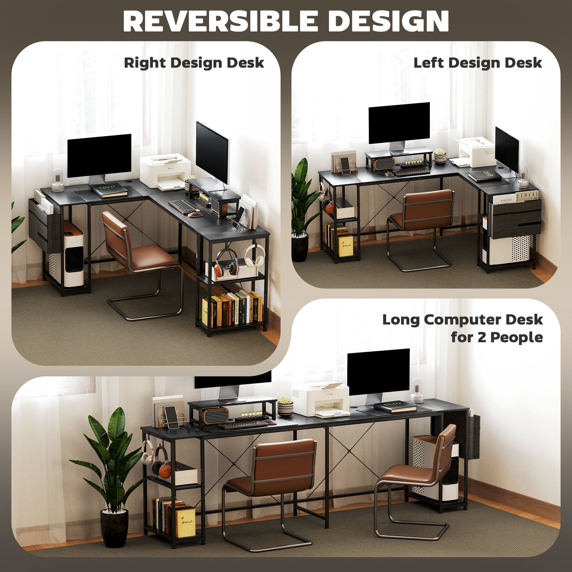 168cm Reversible L Shaped Desk, Industrial Corner Computer Desk with Adjustable Shelf and Storage Bag, 240cm 2 Person Desk with Monitor Stand, Black