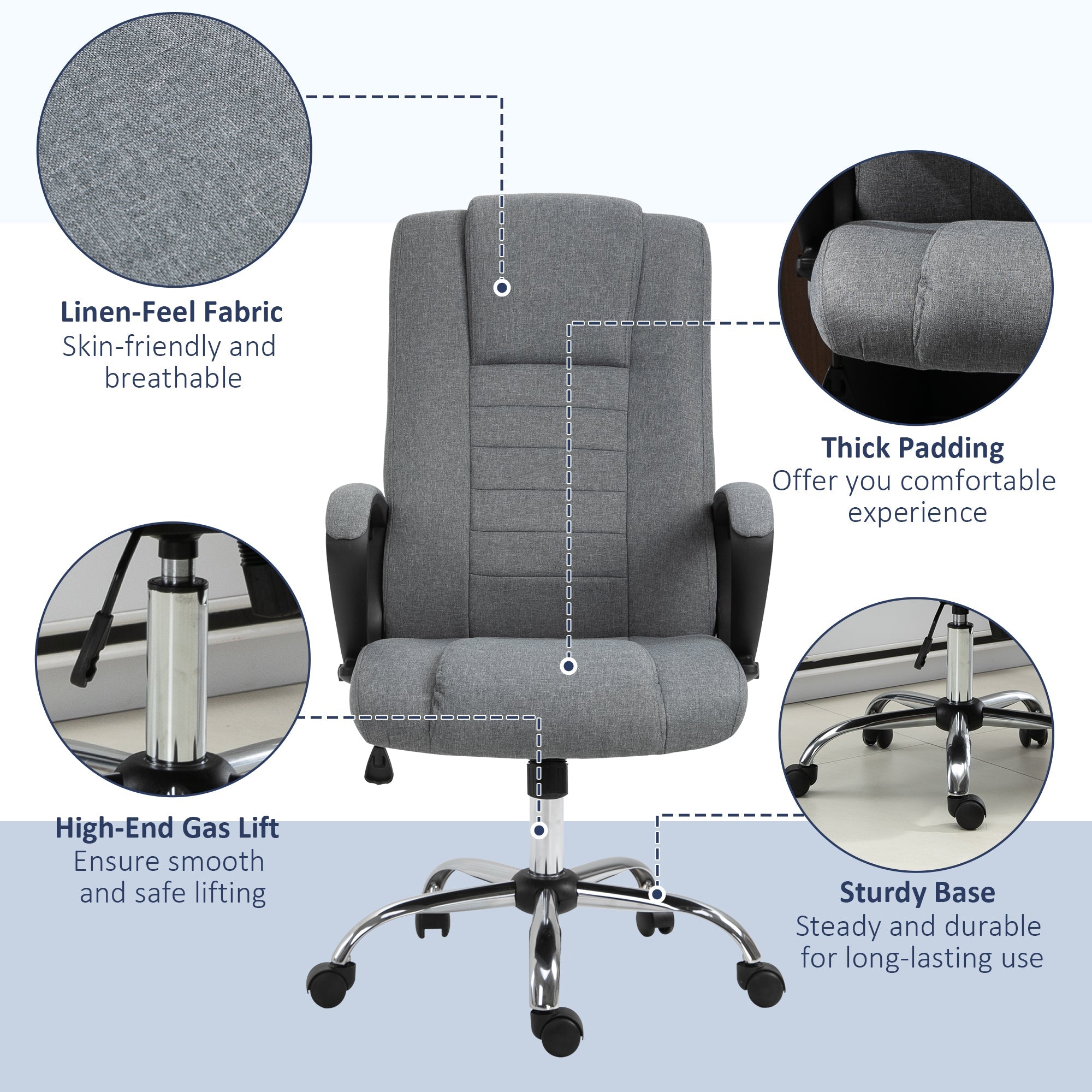 Office Chair, Computer Desk Chair, Linen Fabric Swivel Chair with Adjustable Height, Rolling Wheels for Home and Study, Grey