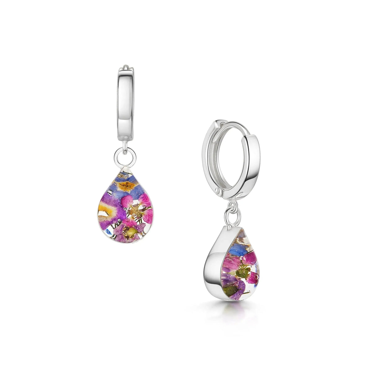Purple Flower Huggie Earrings - Teardrop Sterling Silver