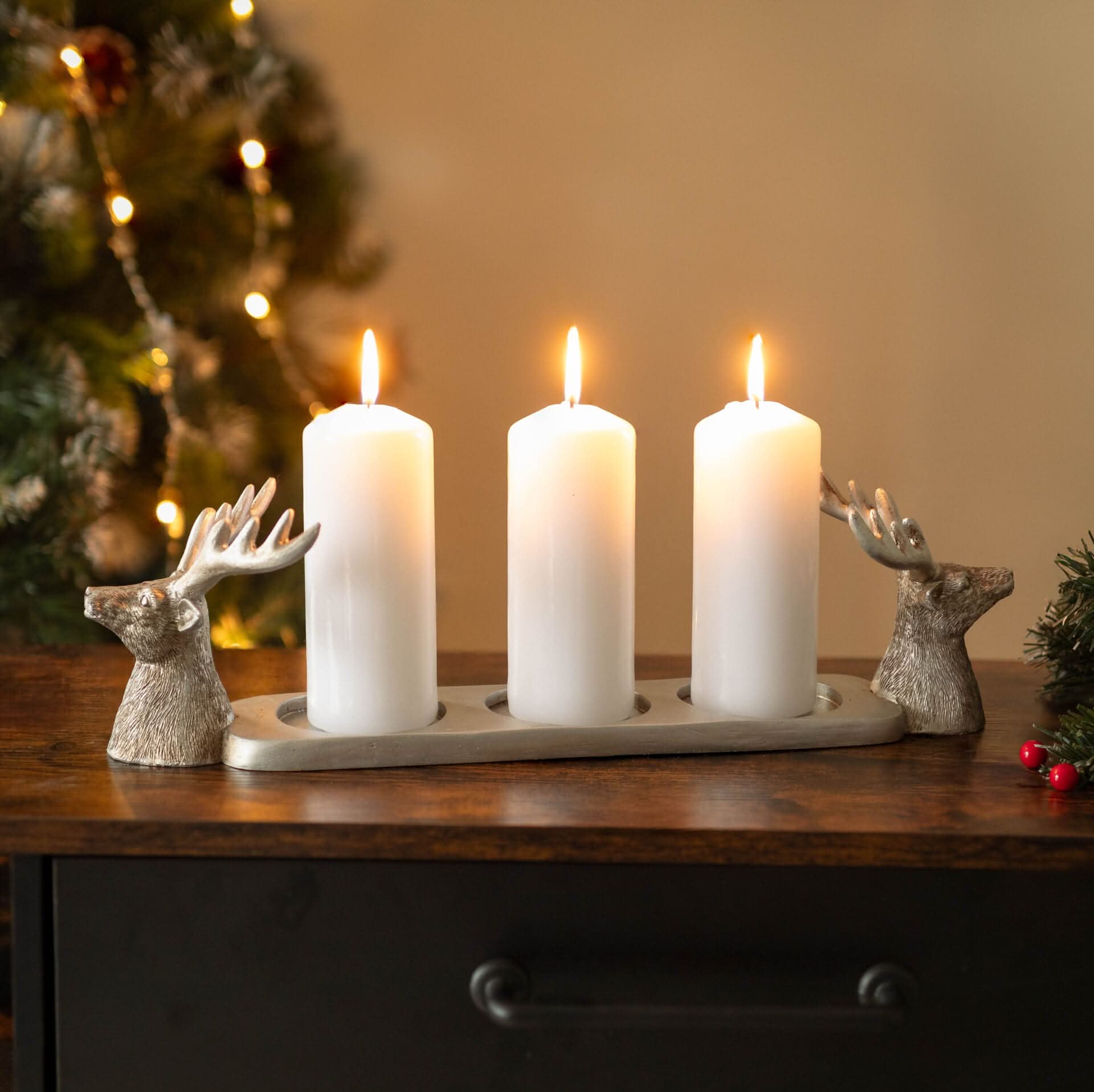 Silver Stag 3 Pillar Candle Holder Decorative Table Centrepiece