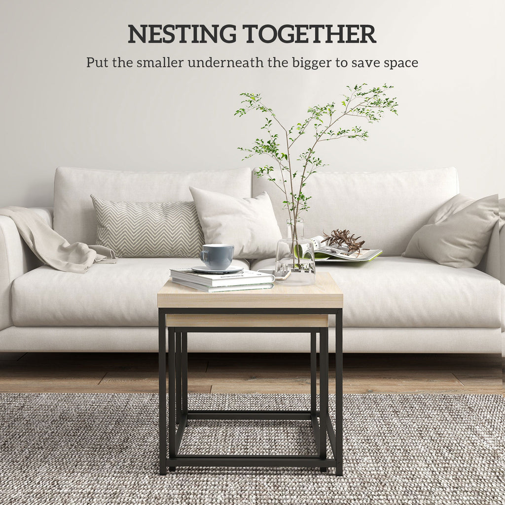 Coffee Table Set of 2, Nest of Tables with 3.5cm Thick Tabletop, Oak
