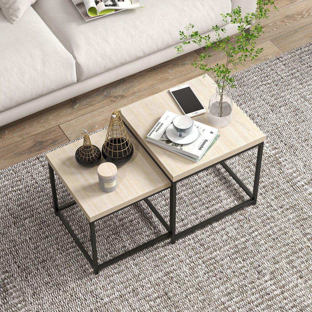 Coffee Table Set of 2, Nest of Tables with 3.5cm Thick Tabletop, Oak