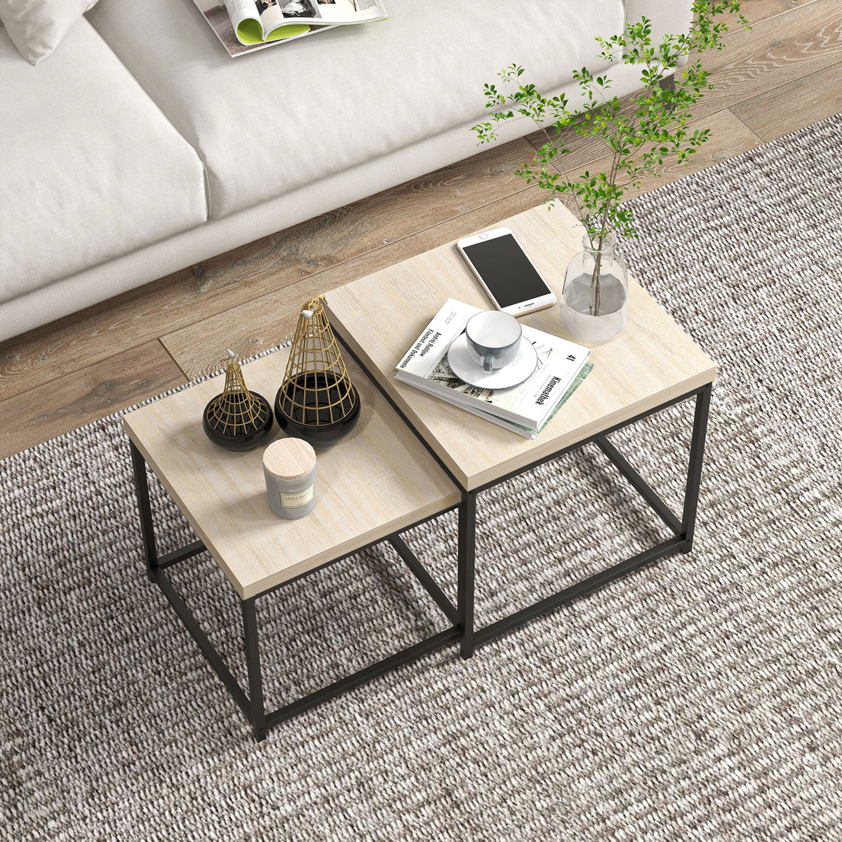 Coffee Table Set of 2, Nest of Tables with 3.5cm Thick Tabletop, Oak