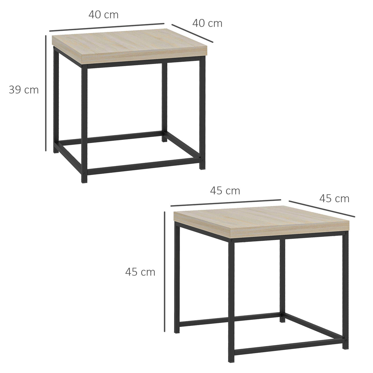 Coffee Table Set of 2, Nest of Tables with 3.5cm Thick Tabletop, Oak