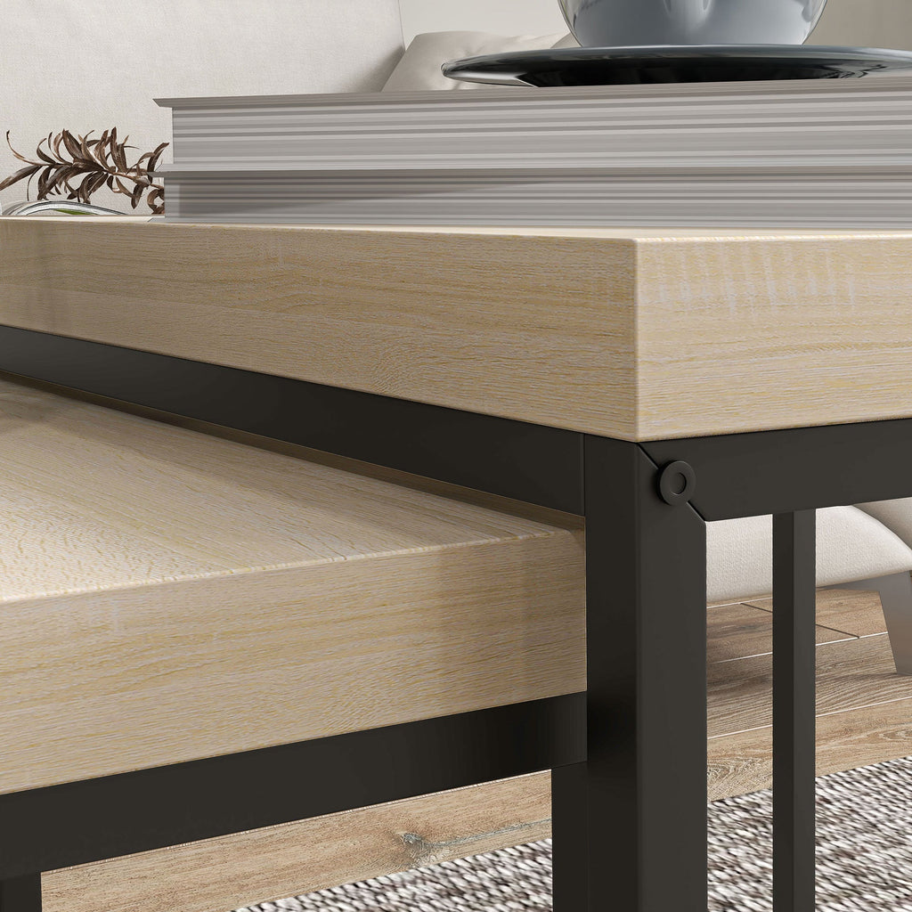 Coffee Table Set of 2, Nest of Tables with 3.5cm Thick Tabletop, Oak