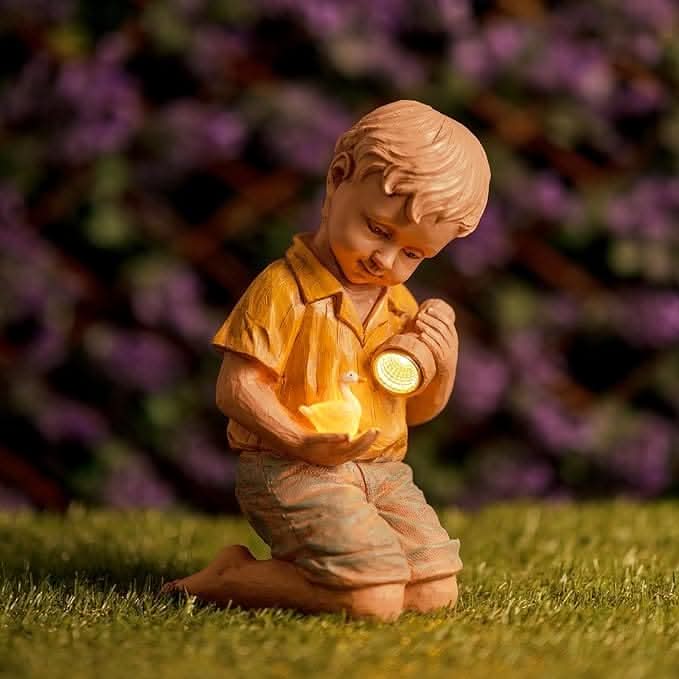 Solar Boy and Duck Garden Ornament with LED Flashlight 25cm