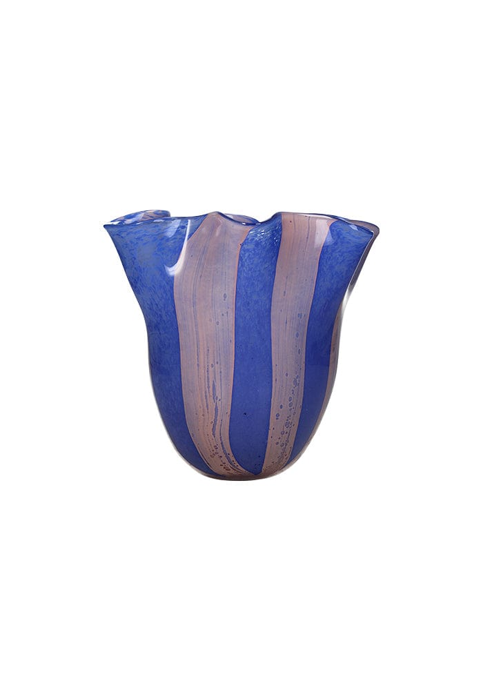 Striped Scalloped Blue and Pink Glass Vase