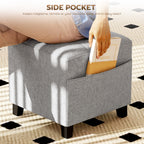 Square Footstool, Small Ottoman with Side Pocket, Linen Fabric Footrest with Rubber Wood Legs and Padded Seat, Light Grey