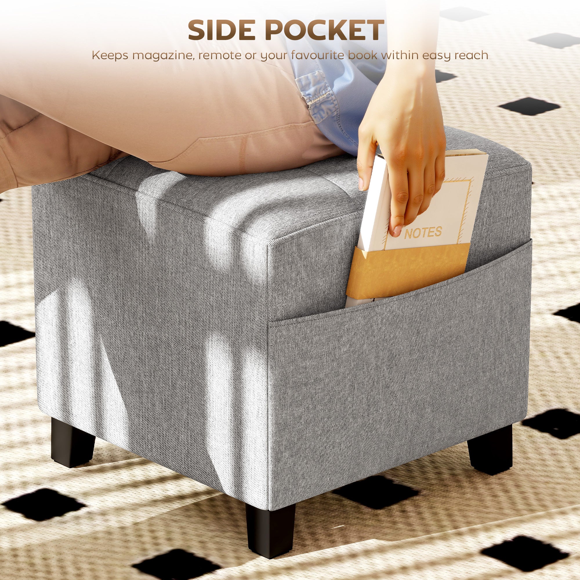 Square Footstool, Small Ottoman with Side Pocket, Linen Fabric Footrest with Rubber Wood Legs and Padded Seat, Light Grey