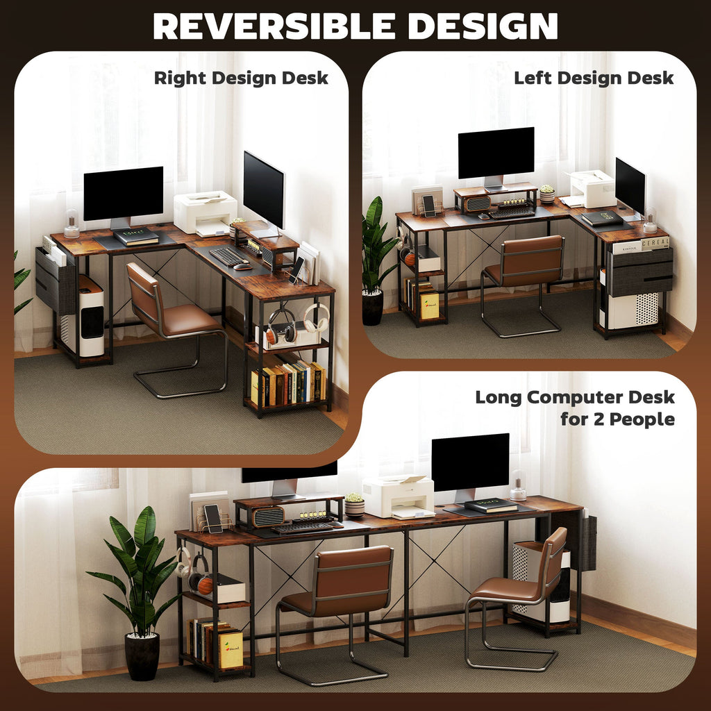 168cm Reversible L Shaped Desk, Industrial Corner Computer Desk with Adjustable Shelf and Storage Bag, 240cm 2 Person Desk with Monitor Stand, Rustic Brown