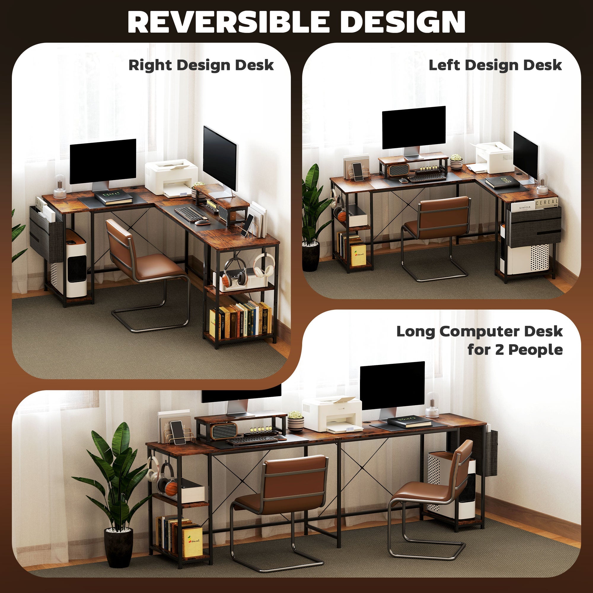 168cm Reversible L Shaped Desk, Industrial Corner Computer Desk with Adjustable Shelf and Storage Bag, 240cm 2 Person Desk with Monitor Stand, Rustic Brown